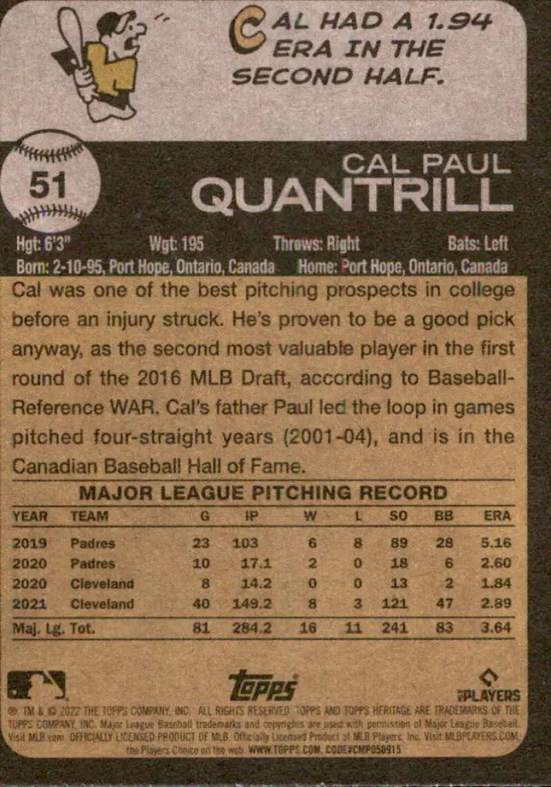2022 Topps Heritage #51 Cal Quantrill NM-MT Guardians ID:41201 - Baseball Card Single