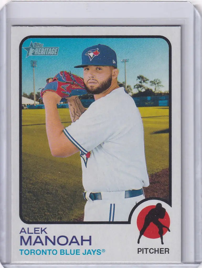 Baseball card of Alek Manoah Toronto Blue Jays in a pitching stance from 2022 Topps Heritage