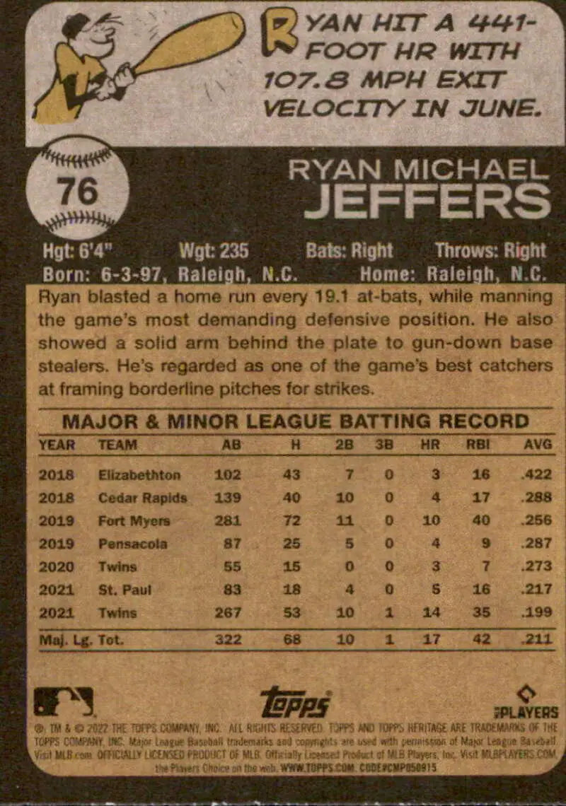 2022 Topps Heritage #76 Ryan Jeffers NM-MT Twins ID:41217 - Baseball Card Single