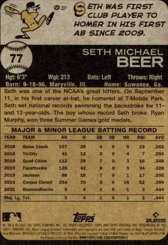 Baseball card back from 2022 Topps Heritage featuring Seth Beer rookie with original gloss
