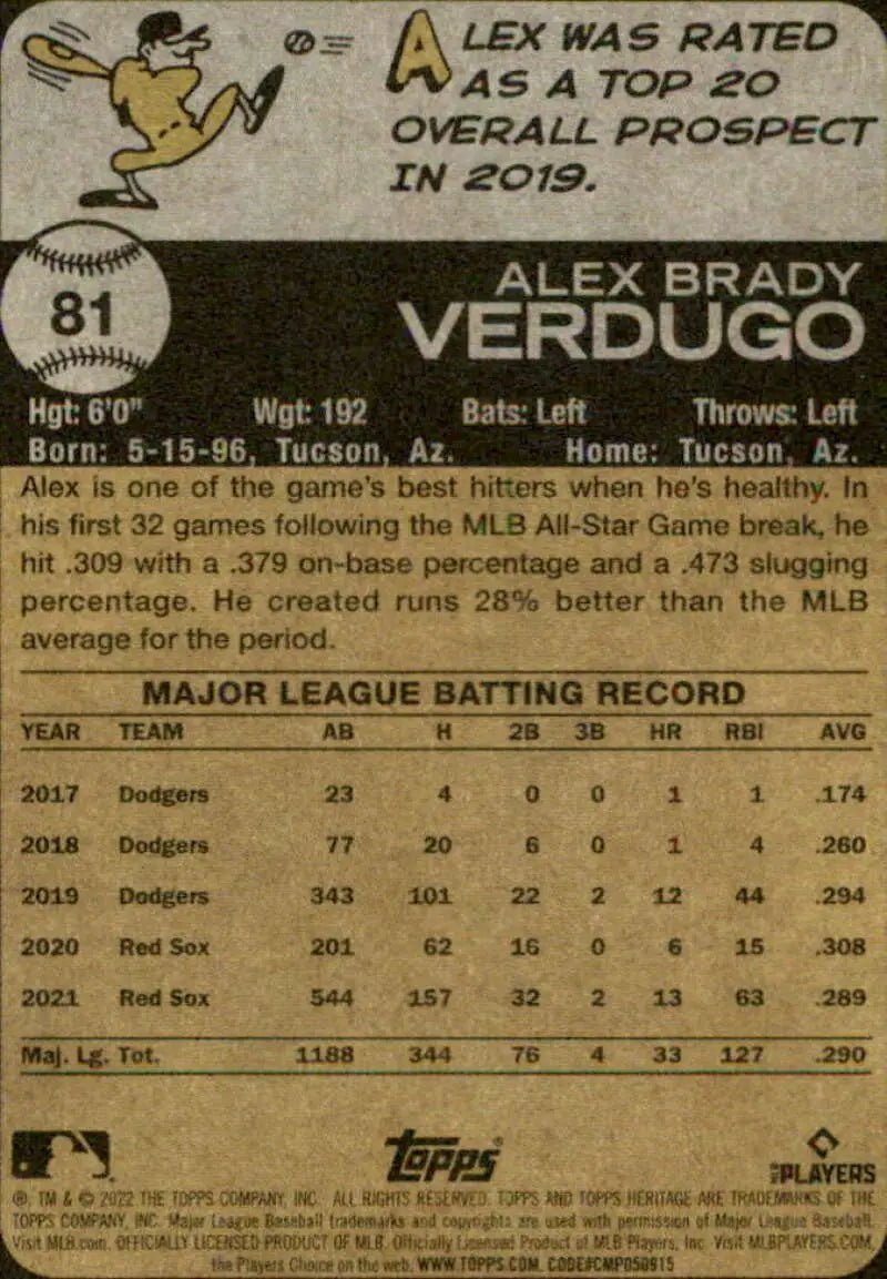 2022 Topps Heritage #81 Alex Verdugo NM-MT Red Sox ID:41220 - Baseball Card Single