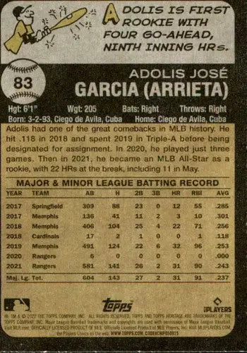 2022 Topps Heritage #83 Adolis Garcia NM-MT Rangers ID:76586 - Baseball Card Single