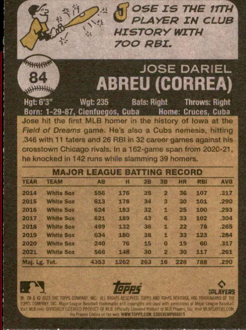 2022 Topps Heritage #84 Jose Abreu NM-MT White Sox ID:41224 - Baseball Card Single
