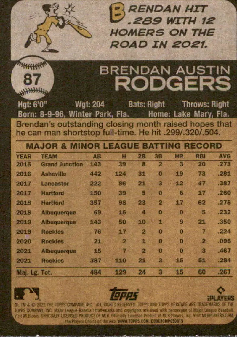 2022 Topps Heritage #87 Brendan Rodgers NM-MT Rockies ID:41226 - Baseball Card Single