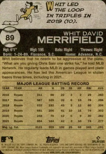 2022 Topps Heritage Whit Merrifield baseball card with original gloss Royals ID 45608