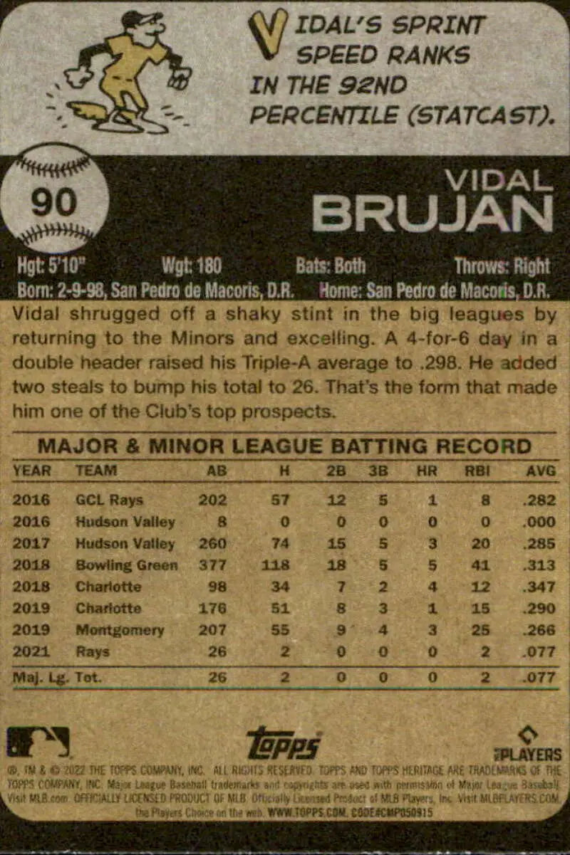 2022 Topps Heritage #90 Vidal Brujan NM-MT Rays ID:41229 - Baseball Card Single