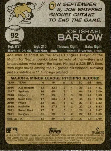 Baseball card featuring Joe Barlow’s pitching record from 2022 Topps Heritage series