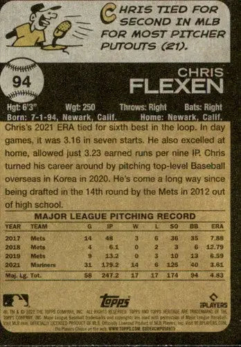 2022 Topps Heritage #94 Chris Flexen NM-MT Mariners ID:41230 - Baseball Card Single