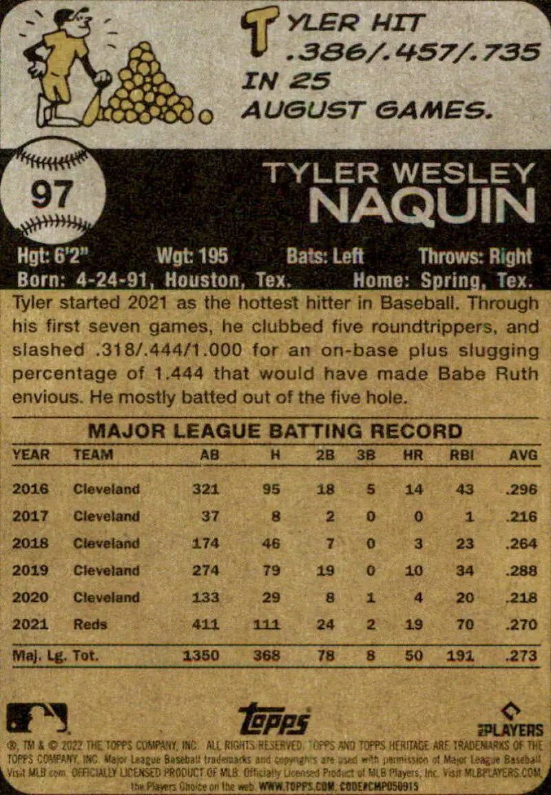 2022 Topps Heritage #97 Tyler Naquin NM-MT Reds ID:41231 - Baseball Card Single
