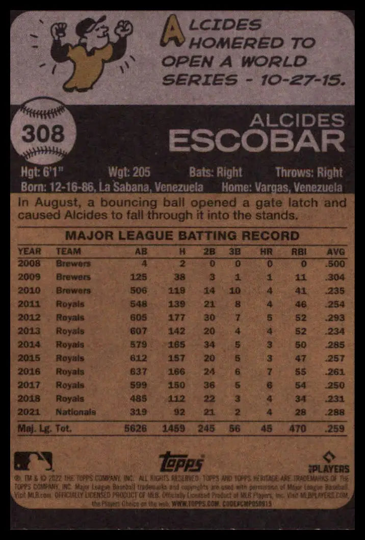 2022 Topps Heritage Alcides Escobar 308 Washington Nationals NM - Baseball Card Single