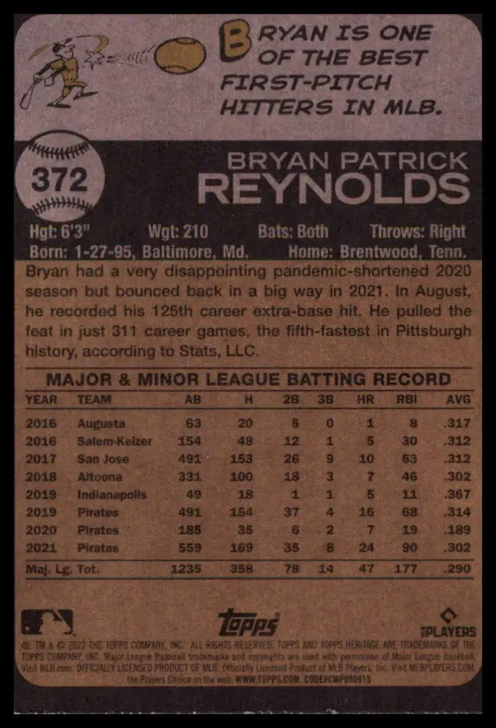 2022 Topps Heritage Bryan Reynolds 372 Pittsburgh Pirates NM - Baseball Card Single
