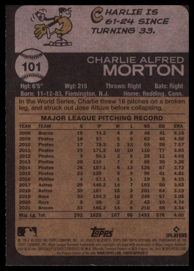 2022 Topps Heritage Charlie Morton 101 Pittsburgh Pirates NM - Baseball Card Single