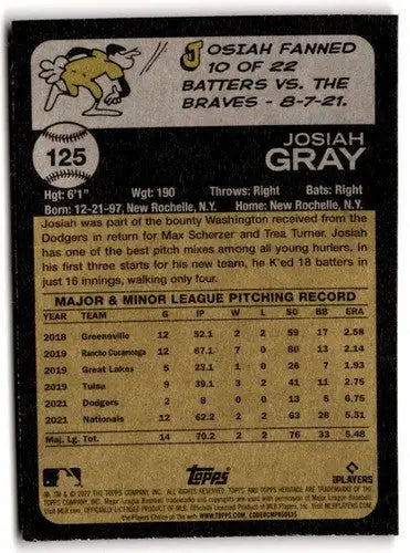 Baseball card back showing original gloss for Josiah Gray 2022 Topps Heritage Chrome Refractor Purple