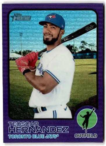 Teoscar Hernandez baseball card from 2022 Topps Heritage Chrome Refractor Purple featuring original gloss