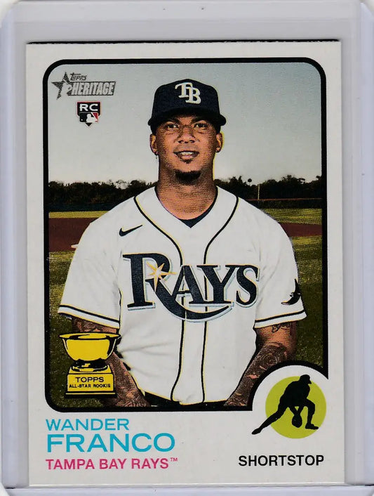Baseball card of Wander Franco Tampa Bay Rays in white jersey Topps Heritage Color Swap