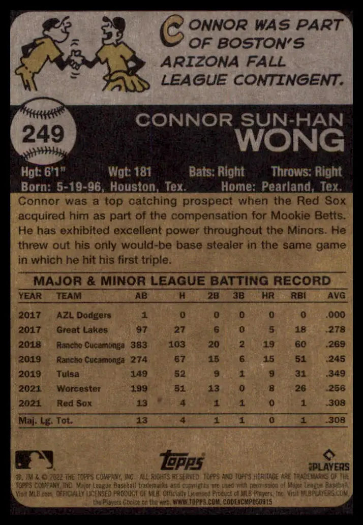 2022 Topps Heritage Connor Wong RC 249 Boston Red Sox NM - Baseball Card Single