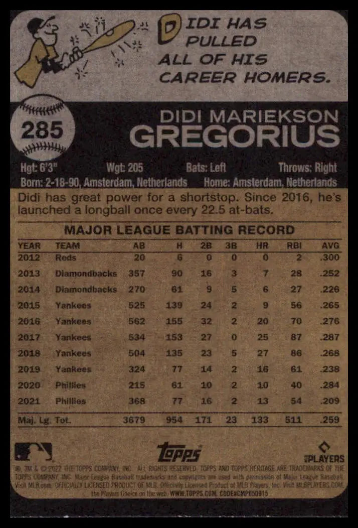 2022 Topps Heritage Didi Gregorius 285 Philadelphia Phillies NM - Baseball Card Single