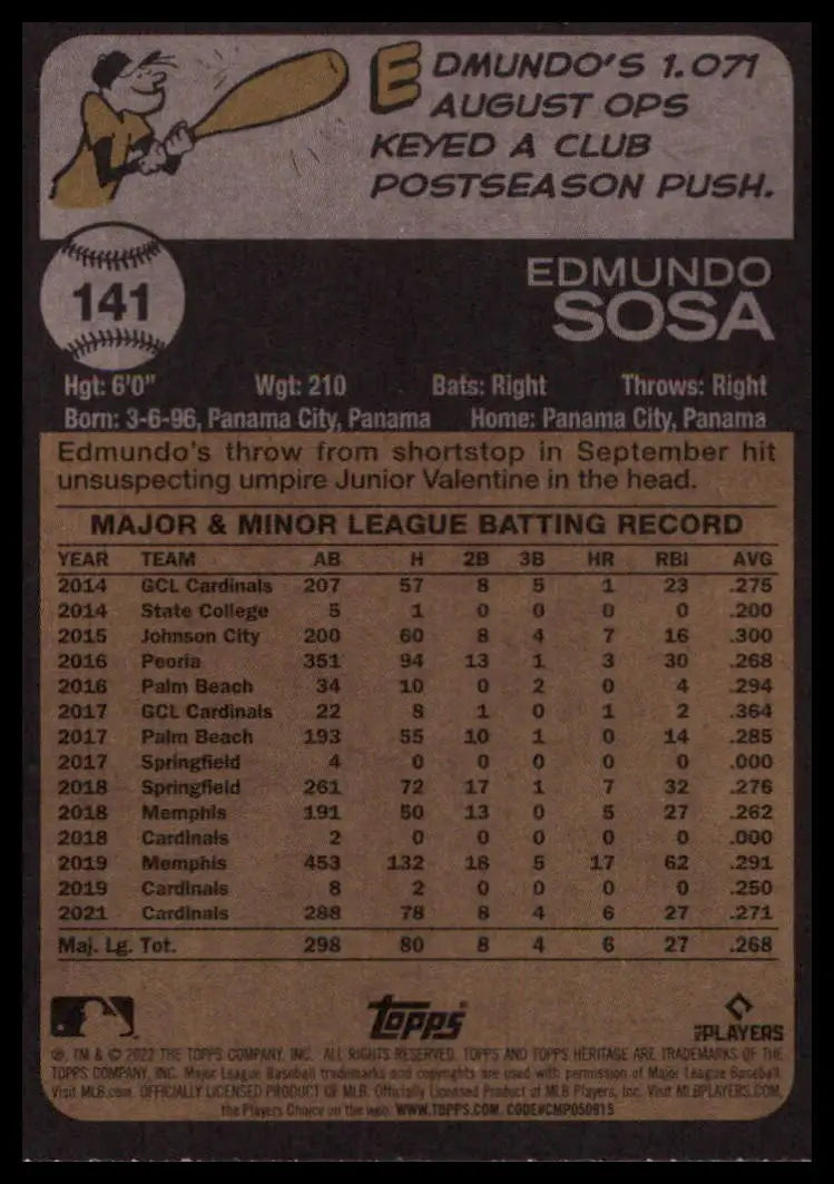 2022 Topps Heritage Edmundo Sosa 141 St. Louis Cardinals NM - Baseball Card Single