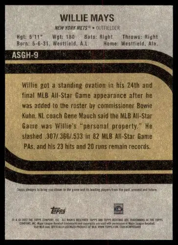 Willie Mays baseball card back from 2022 Topps Heritage High Number product