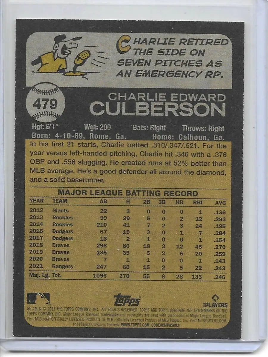 2022 Topps Heritage High Number #479 Charlie Culberson Rangers SP (595) - Baseball Card Single