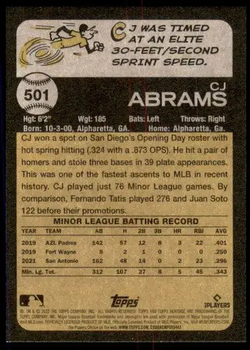 Baseball card back with original gloss from 2022 Topps Heritage High Number CJ Abrams Rookie