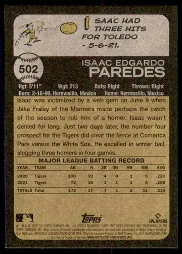 Baseball card back from 2022 Topps Heritage High Number Isaac Paredes Tigers ID 60016