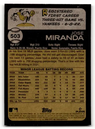 Baseball card back with original gloss on 2022 Topps Heritage High Number #503 Jose Miranda Rookie Twins ID 60017