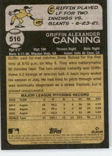 2022 Topps Heritage High Number #516 Griffin Canning NM-MT Angels ID:59390 - Baseball Card Single