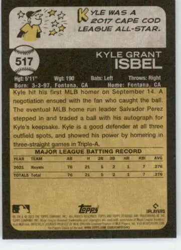 Baseball card back of 2022 Topps Heritage High Number #517 Kyle Isbel Royals NM-MT