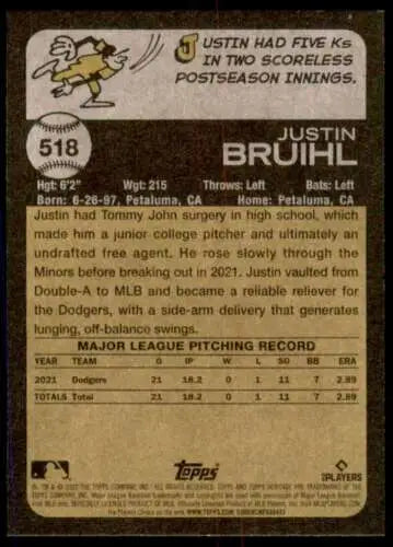 Back of 2022 Topps Heritage High Number #518 Justin Bruihl RC with original gloss