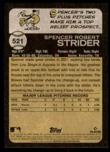 Baseball card back of 2022 Topps Heritage High Number #521 Spencer Strider NM-MT RC