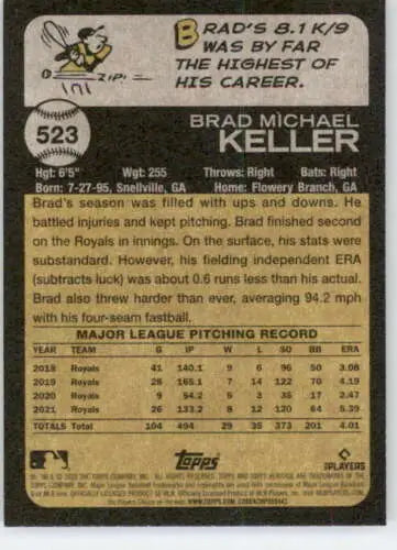 Baseball card back of 2022 Topps Heritage High Number #523 Brad Keller Royals NM-MT