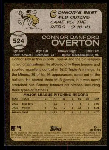 Baseball card back showing original gloss for 2022 Topps Heritage High Number Connor Overton RC