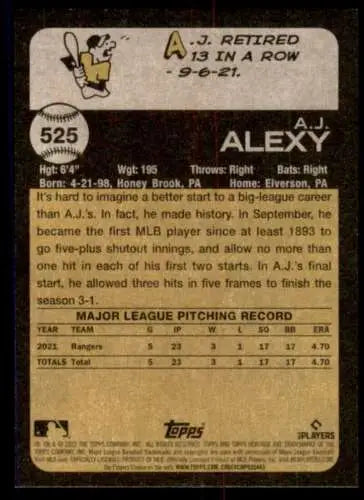 Baseball card back of 2022 Topps Heritage High Number #525 A.J. Alexy RC with original gloss
