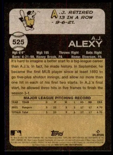 Baseball card back with original gloss for 2022 Topps Heritage High Number A.J. Alexy rookie Rangers ID 59339