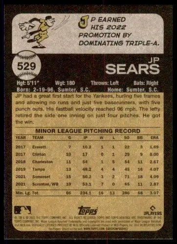 JP Sears baseball card from Topps Heritage High Number 2022 Rookie Yankees