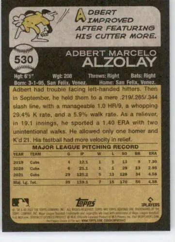 Baseball card back of 2022 Topps Heritage High Number #530 Adbert Alzolay NM-MT Cubs