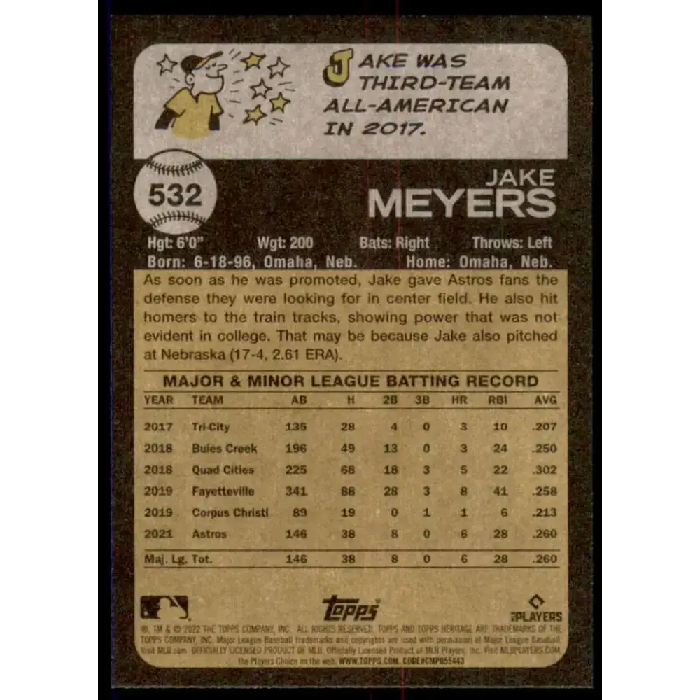 2022 Topps Heritage High Number #532 Jake Meyers NM-MT RC Rookie Houston Astros Baseball Card - Baseball Card Single