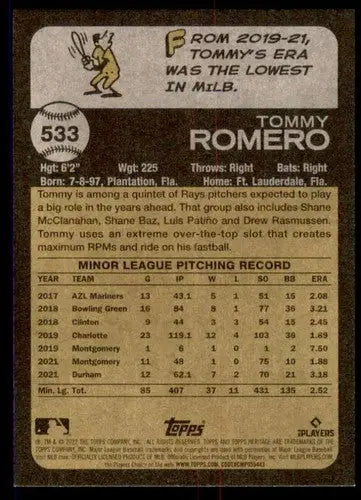 Baseball card back showing original gloss from 2022 Topps Heritage High Number Tommy Romero RC