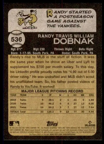 Baseball card back with original gloss from 2022 Topps Heritage High Number Randy Dobnak NM-MT Twins