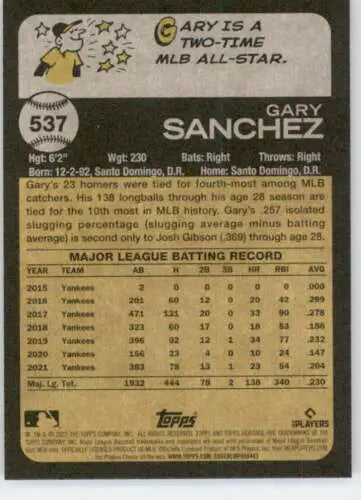 Gary Sanchez baseball card from 2022 Topps Heritage High Number series, NM-MT Twins