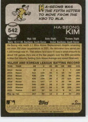 Baseball card back of 2022 Topps Heritage High Number #542 Ha-Seong Kim NM-MT Padres