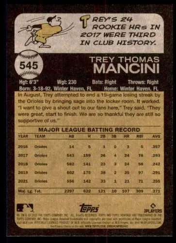 Original gloss of 2022 Topps Heritage High Number Trey Mancini baseball trading card with player stats