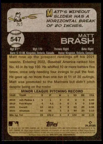 2022 Topps Heritage High Number Matt Brash baseball card back front side image