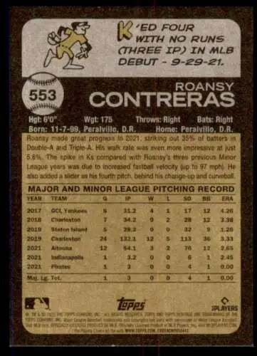 Roansy Contreras baseball card from 2022 Topps Heritage High Number set, NM-MT RC