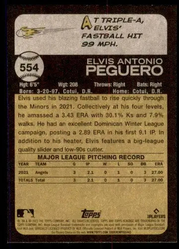 Baseball card back with original gloss from 2022 Topps Heritage High Number Elvis Peguero RC