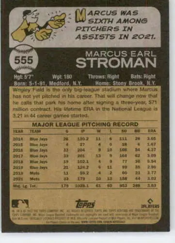 Baseball card back of 2022 Topps Heritage High Number #555 Marcus Stroman Cubs NM-MT