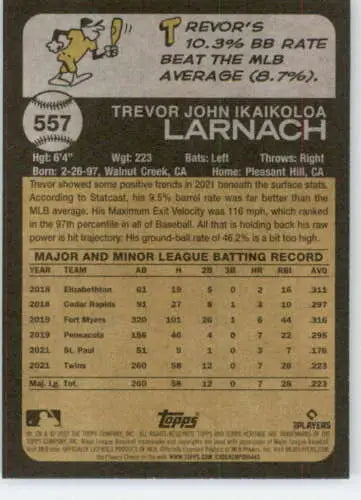Baseball card back of 2022 Topps Heritage High Number #557 Trevor Larnach NM-MT Twins