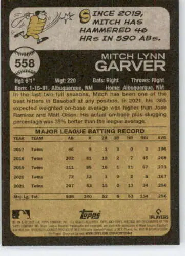 Baseball card back of 2022 Topps Heritage High Number #558 Mitch Garver Rangers NM-MT