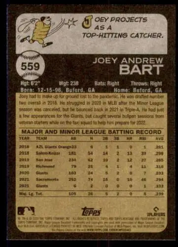 Baseball card back of 2022 Topps Heritage High Number #559 Joey Bart NM-MT Giants